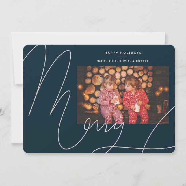 Big Bold Fun Navy Blue Script Merry Holiday Card (Front)