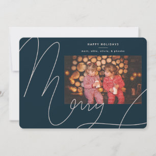 Big Bold Fun Navy Blue Script Merry Holiday Card