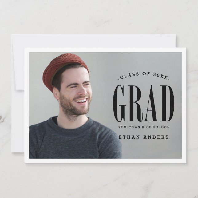Big Bold Grad | White Text Photo Graduation Party Invitation (Front)