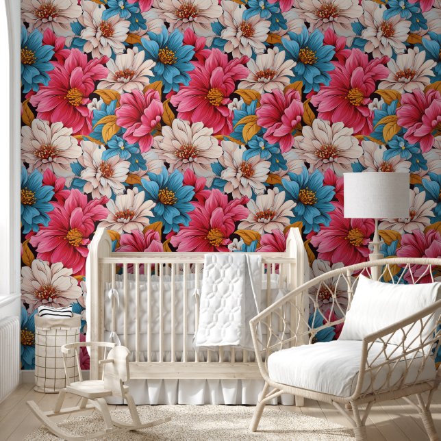 Big Bold Pink Blue White Flower Colourful Pattern Wallpaper (Kids)