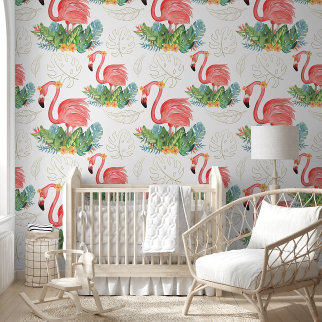 Big Bold Pink Flamingo Tropical Pattern Wallpaper (Kids)