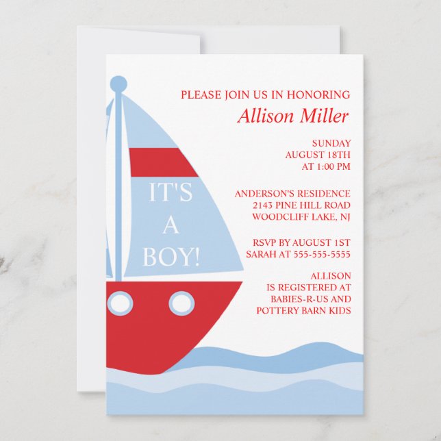 BIg & Bold SAILBOAT Boy Baby Shower INVITATION (Front)