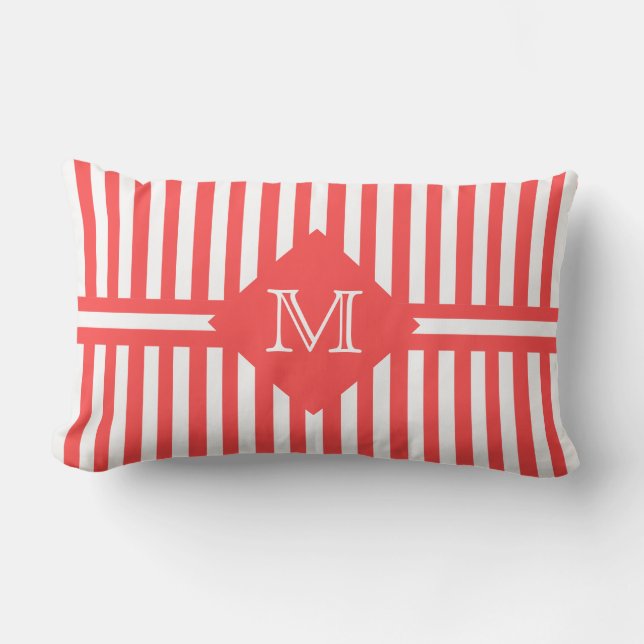 Big Bold Salmon and White Stripes with Monogram Outdoor Cushion (Front)