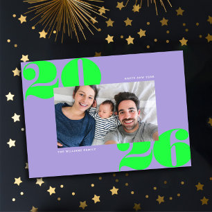 Big Bold Year New Years Photo Lilac Acid Green Holiday Card