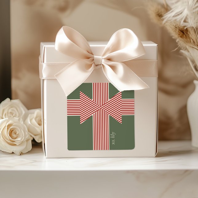 Big Bow of Striped Ribbon Square Sticker (personalized holiday theme sticker)