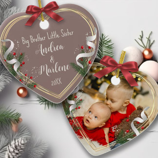 Big Bro Little Sis Photo Holly Pine Gold Frame  Ceramic Ornament