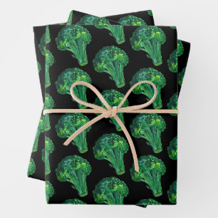 Big Broccoli on Black Watercolor Pattern Gift Wrapping Paper Sheet
