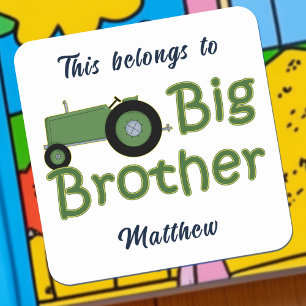 Big Brother Green Tractor Personalised Square Sticker