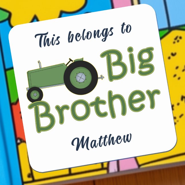 Big Brother Green Tractor Personalised Square Sticker (Big Brother Green Tractor Personalized Square Sticker)