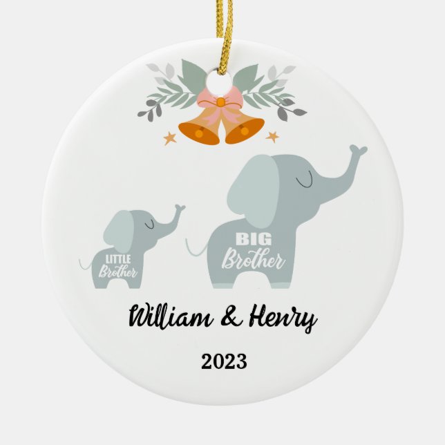 Big Brother & Little Brother Elephant, Custom Name Ceramic Ornament (Front)