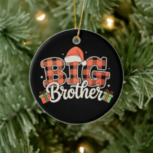 Big Brother Santa Hat Christmas Red Buffalo Plaid Ceramic Ornament