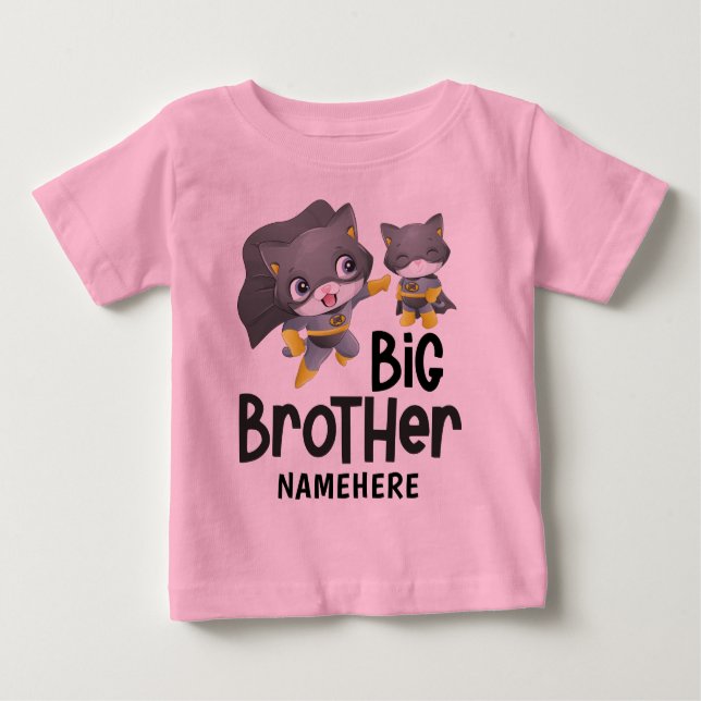 Big Brother Superhero Cat Illustration Custom Name Baby T-Shirt (Front)