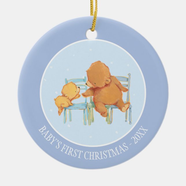 Big Brown Bear Helps Little Yellow Bear Ceramic Tree Decoration (Front)