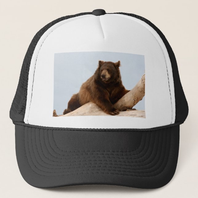 Big Brown Bear on a Log Trucker Hat (Front)
