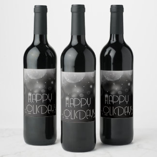 Big Bubbles Bokeh Black Happy Holidays Wine Label