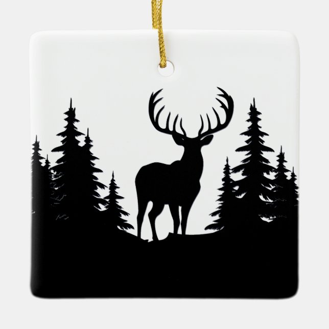 Big Buck Among Pine Tree Vector  Ceramic Ornament (Front)