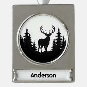 Big Buck Among Pine Tree Vector Name Silver Plated Banner Ornament