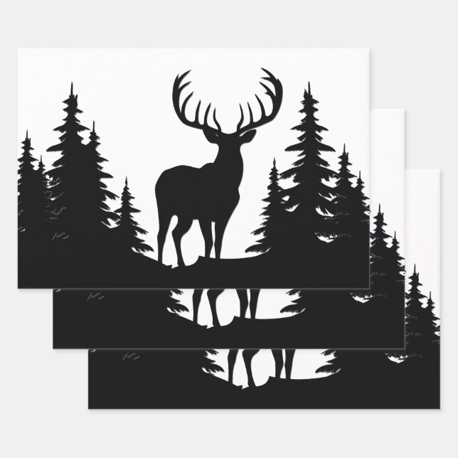 Big Buck Among Pine Tree Vector  Wrapping Paper Sheet (Set)