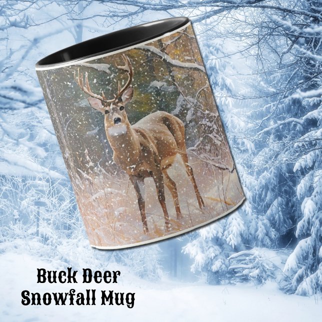Big Buck Deer Antlers in Snow and Trees Art Mug (A buck White-tailed deer in a snow scene art mug.)
