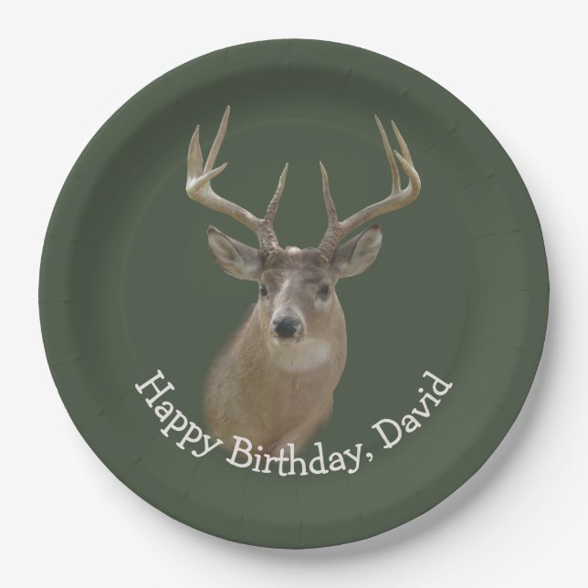 Big Buck Deer Birthday On Green Paper Plate (Front)