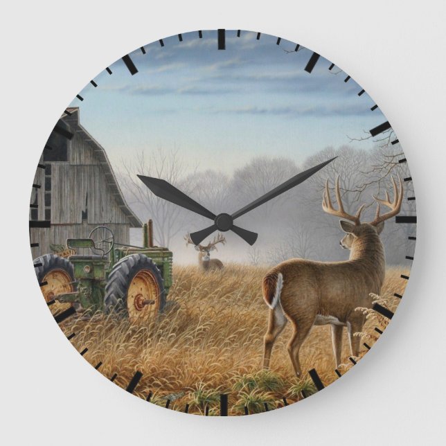 Big Buck  Deer Showdown On The Farm Large Clock (Front)