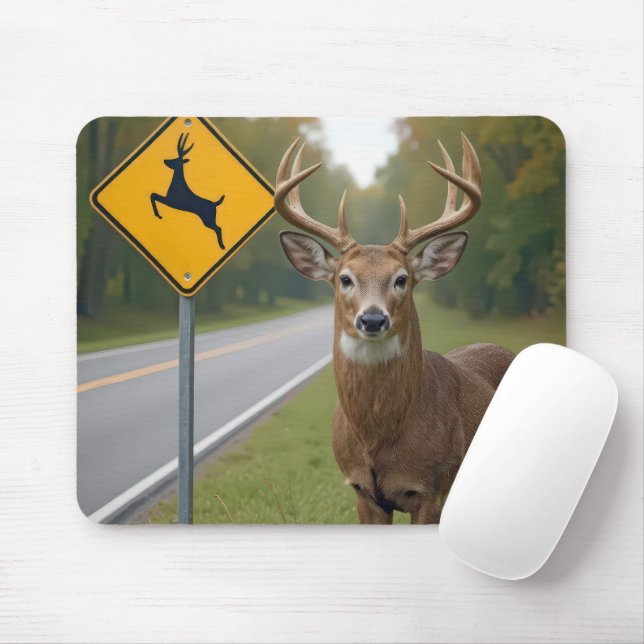 Big Buck Posing By a Deer Crossing Sign Mouse Pad (With Mouse)
