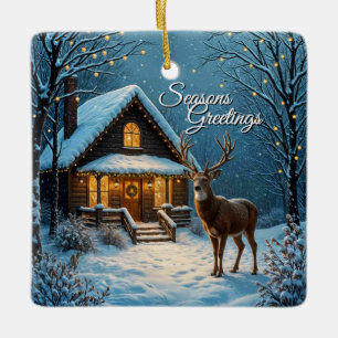 Big Buck's Snowy Christmas Visit Custom Text Ceramic Ornament