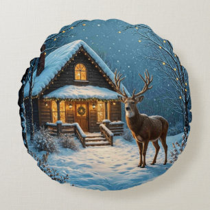  Big Buck's Snowy Christmas Visit Round Cushion