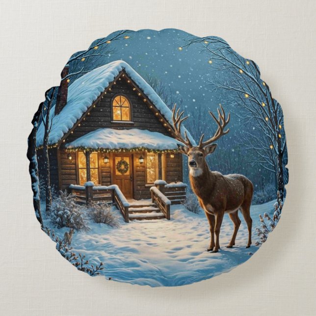  Big Buck's Snowy Christmas Visit Round Cushion (Front)