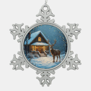 Big Buck's Snowy Christmas Visit Snowflake Pewter Christmas Ornament