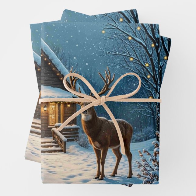  Big Buck's Snowy Christmas Visit Wrapping Paper Sheet (In situ)