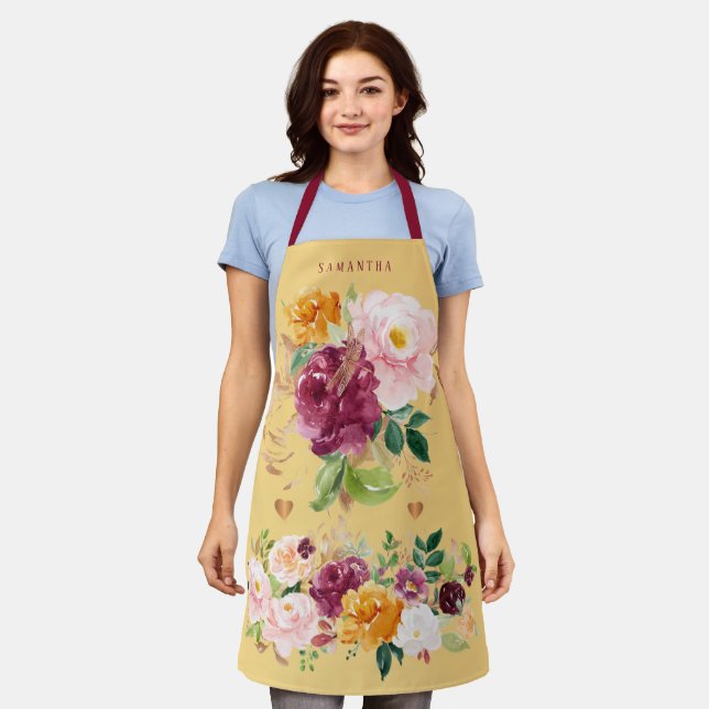 Big burgundy orange flowers watercolor bouquets apron (Worn)