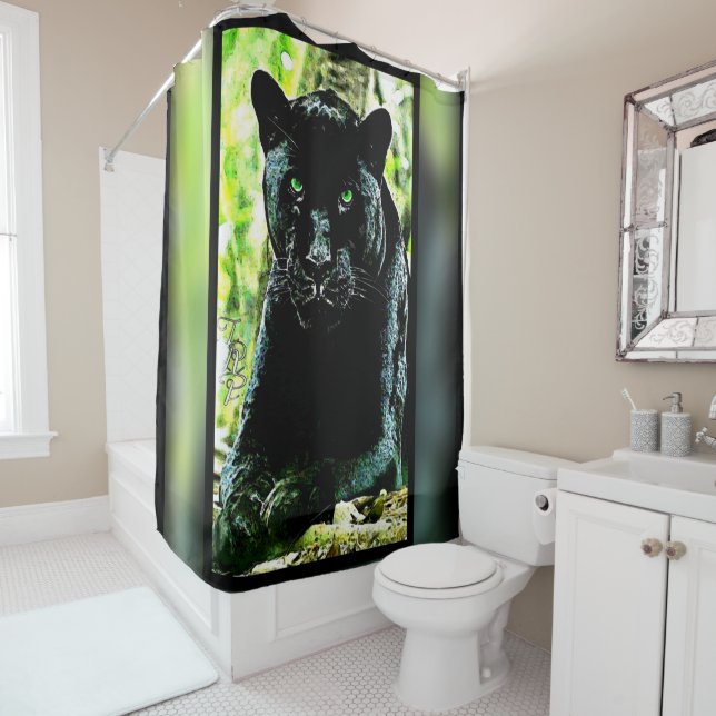 Big Cat Models: Green Eyed Black Panther Shower Curtain (In Situ)