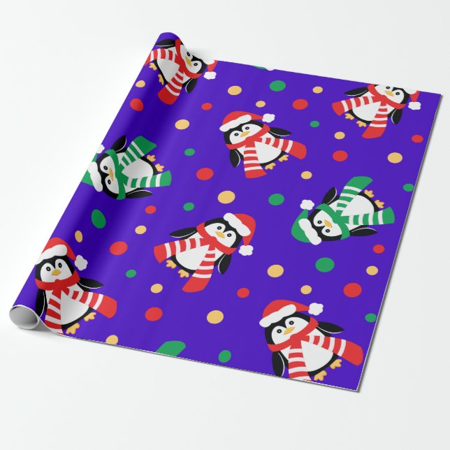 Big Christmas Penguins Cute Kids Purple Wrapping Paper (Unrolled)