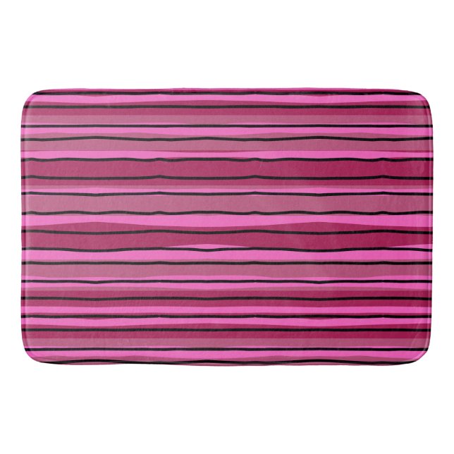 Big Colour Pop Hot Pink and Black Stripes Bath Mat (Front)