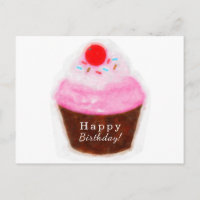 Big Cupcake & Cherry Watercolor Happy Birthday