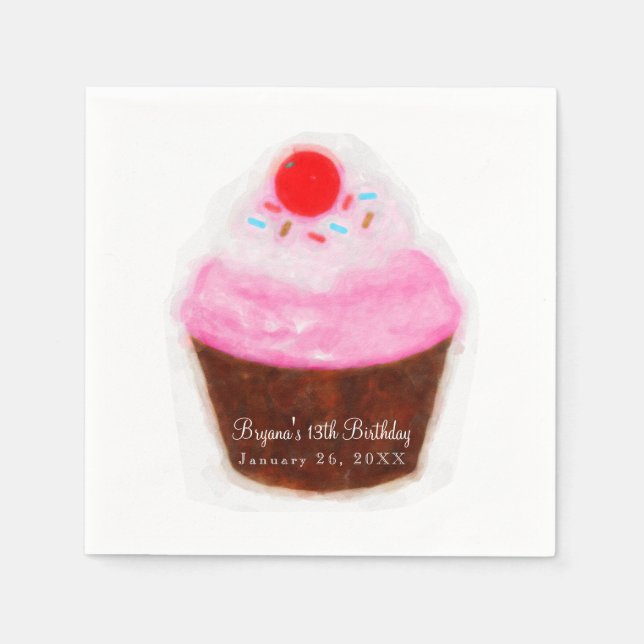 Big Cupcake & Cherry Watercolor Party Napkin (Front)