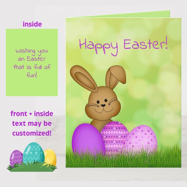BIG Cute Colourful Cartoon Easter Bunny Kids Card (Customize this cute bunny Happy Easter card with your own message! Fun for kids and adults alike.)