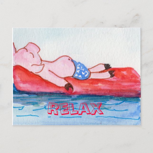Big Daddy Pig Floating on Raft at Beach Postcard (Front)