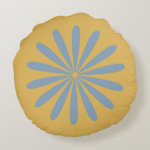 Big Daisy Retro Minimal Flower Light Blue Mustard Round Cushion