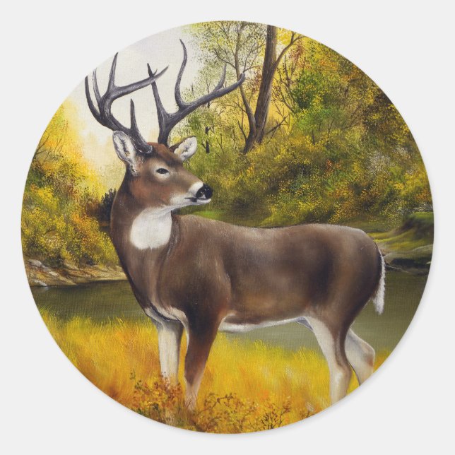 Big Deer standing in grove on customisable product Classic Round Sticker (Front)