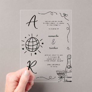 Big Disco Monogram French Fun Hand Drawn Wedding Acrylic Invitations