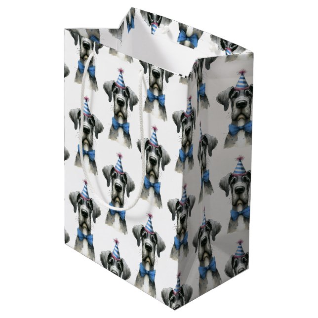 Big Dog in a Tiny Birthday Hat and Bowtie Medium Gift Bag (Back Angled)