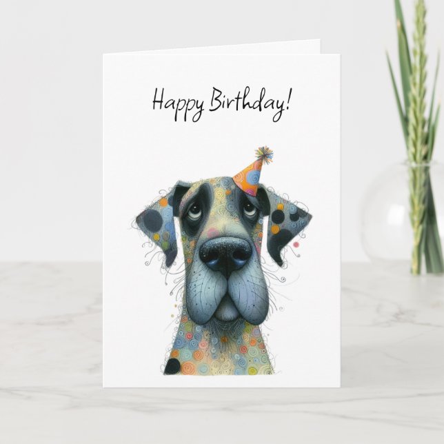Big Dog in a Tiny Party Hat Birthday Card (Front)