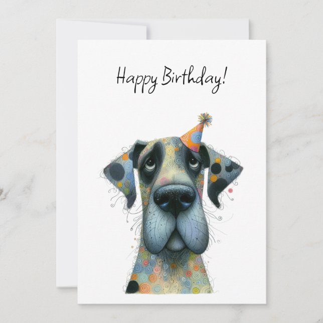 Big Dog in a Tiny Party Hat Birthday Flat Card (Front)