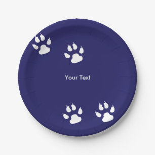 Big Dog Paw Prints on Blue Paper Plate