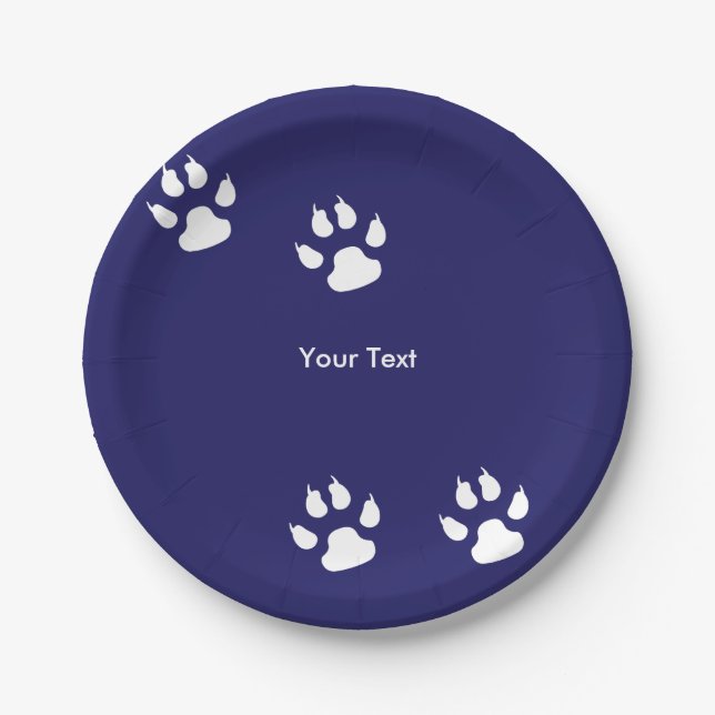 Big Dog Paw Prints on Blue Paper Plate (Front)