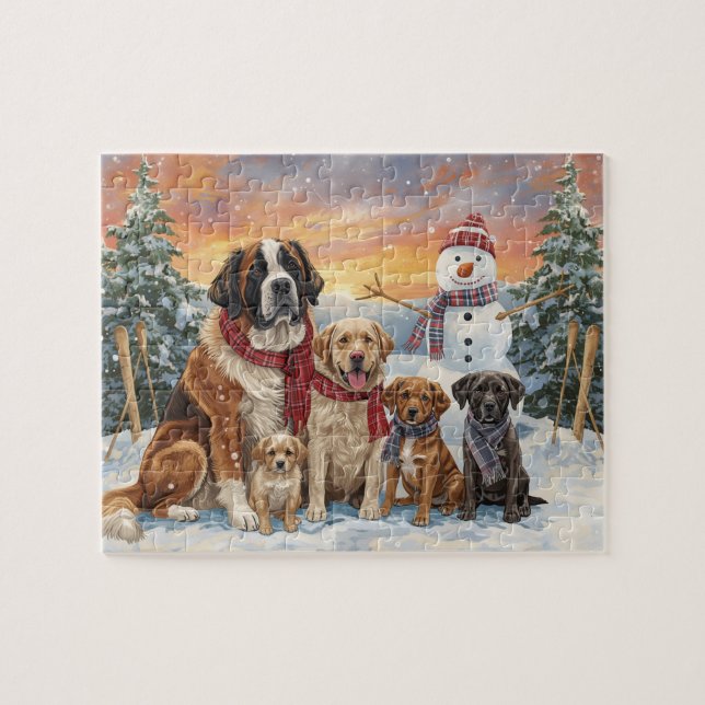 Big Dogs Small Dogs Winter Snowman Art Jigsaw Puzzle (Horizontal)