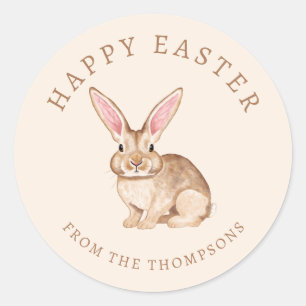 Big Ear Bunny In Watercolor Beige Happy Easter Classic Round Sticker