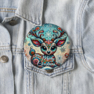 Big Eye Christmas Reindeer Folk Art Personalised 10 Cm Round Badge